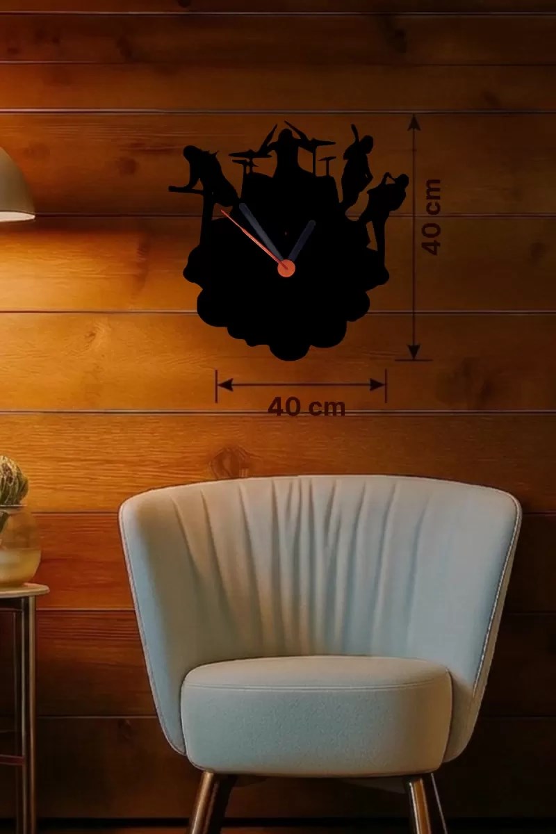 Mey İthalat® Rock Band ve Müzik Temalı Ahşap Duvar Saati - 40x40 cm Lazer Kesim