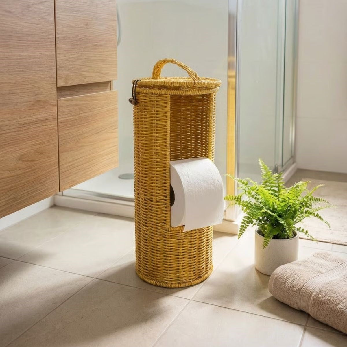 Askılı Plastik Rattan Tuvalet Kâğıdı Standı – Hasır Görünümlü, Kapaklı, Yedekli WC Kâğıtlık, Banyo ve Tuvalet İçin Dekoratif Organizer