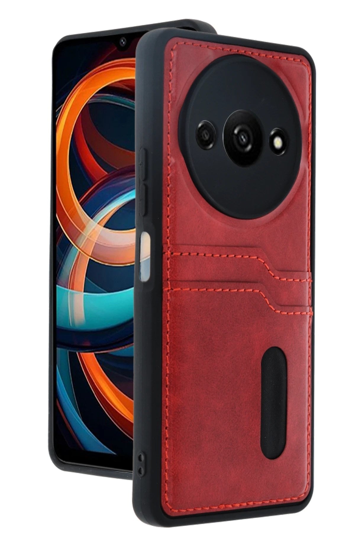 Mey İthalat® Redmi A3 4G Kılıf Sara Kartvizitli Deri Kılıf - Kırmızı