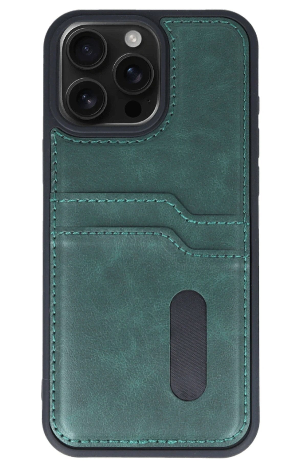 Mey İthalat® iPhone 15 Pro Max Kılıf Sara Kartvizitli Deri Kılıf - Koyu Yeşil