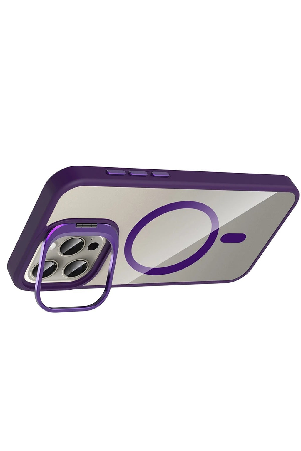 Mey İthalat® iPhone 14 Pro Max Remim Lensli Magsafe Standlı Kapak - Derin Mor