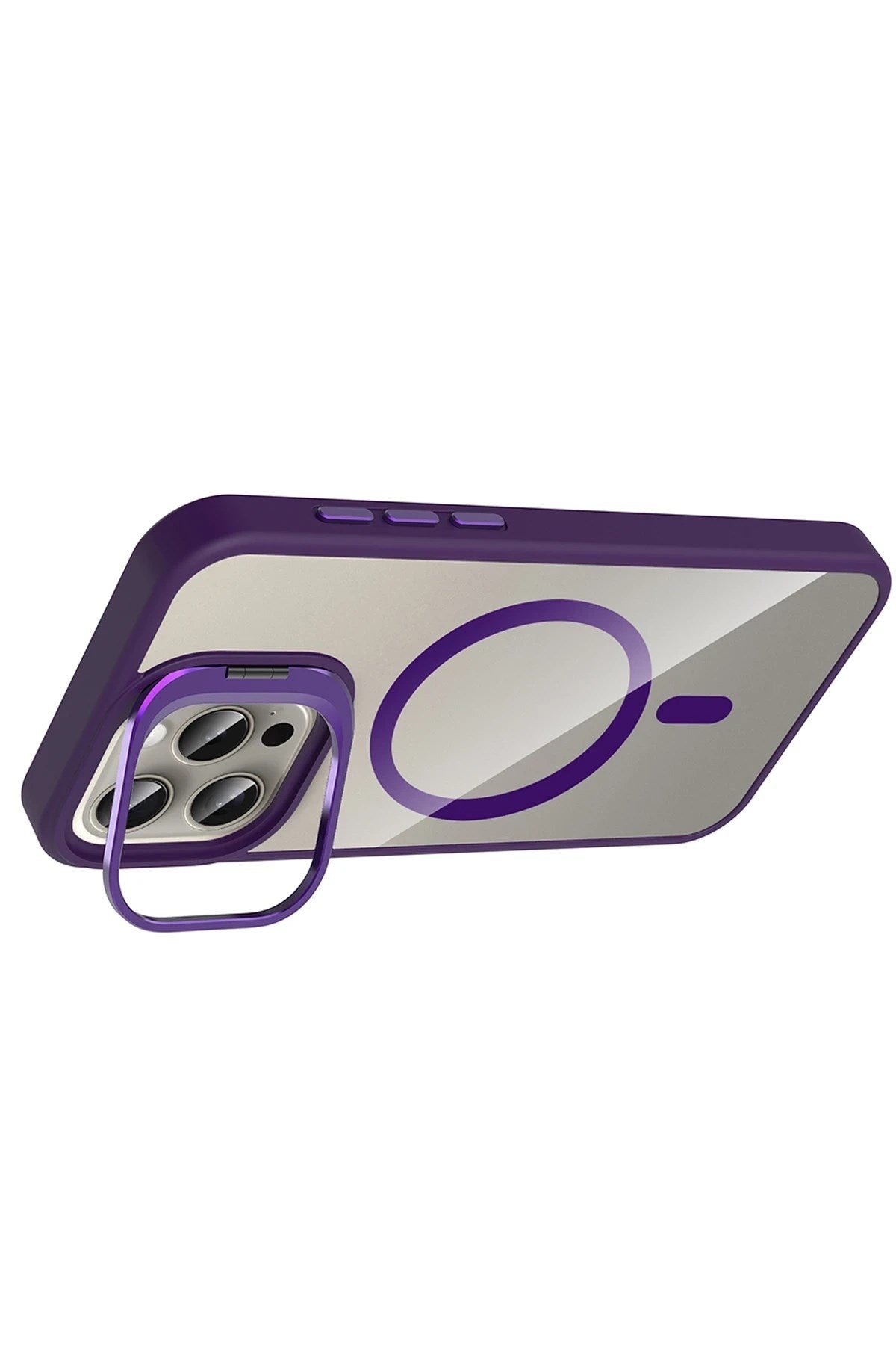 Mey İthalat® iPhone 14 Pro Max Remim Lensli Magsafe Standlı Kapak - Derin Mor