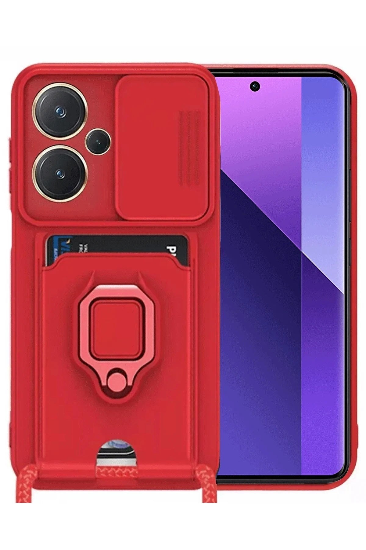Mey İthalat® Redmi Note 13 Pro Plus Kılıf Zuma Kartvizitli Yüzüklü Silikon - Kırmızı