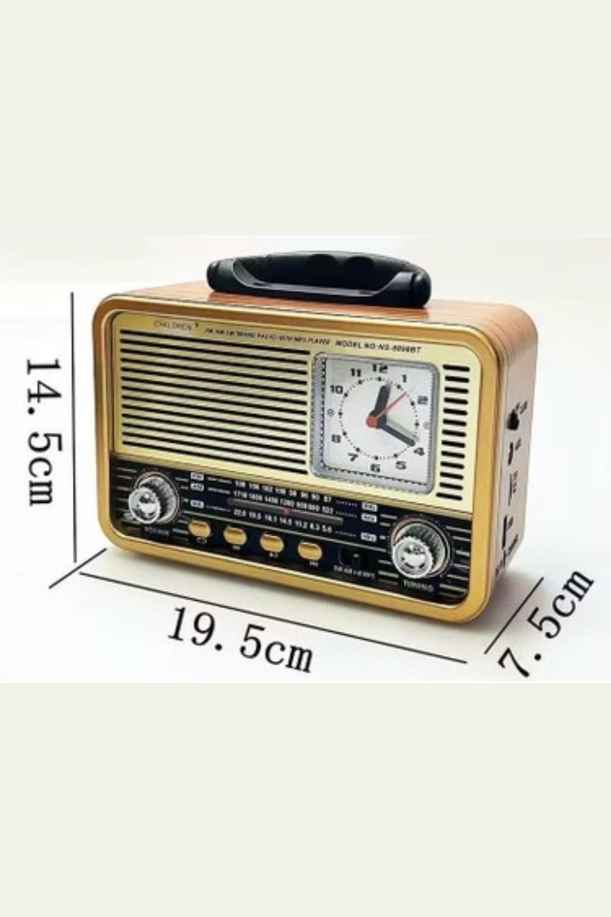 Orta Boy Saat Göstergeli Retro Ahşap Tasarım Bluetooth Hoparlörlü Radyo – FM/AM Destekli, Şarjlı ve Taşınabilir Radyo NS-8898