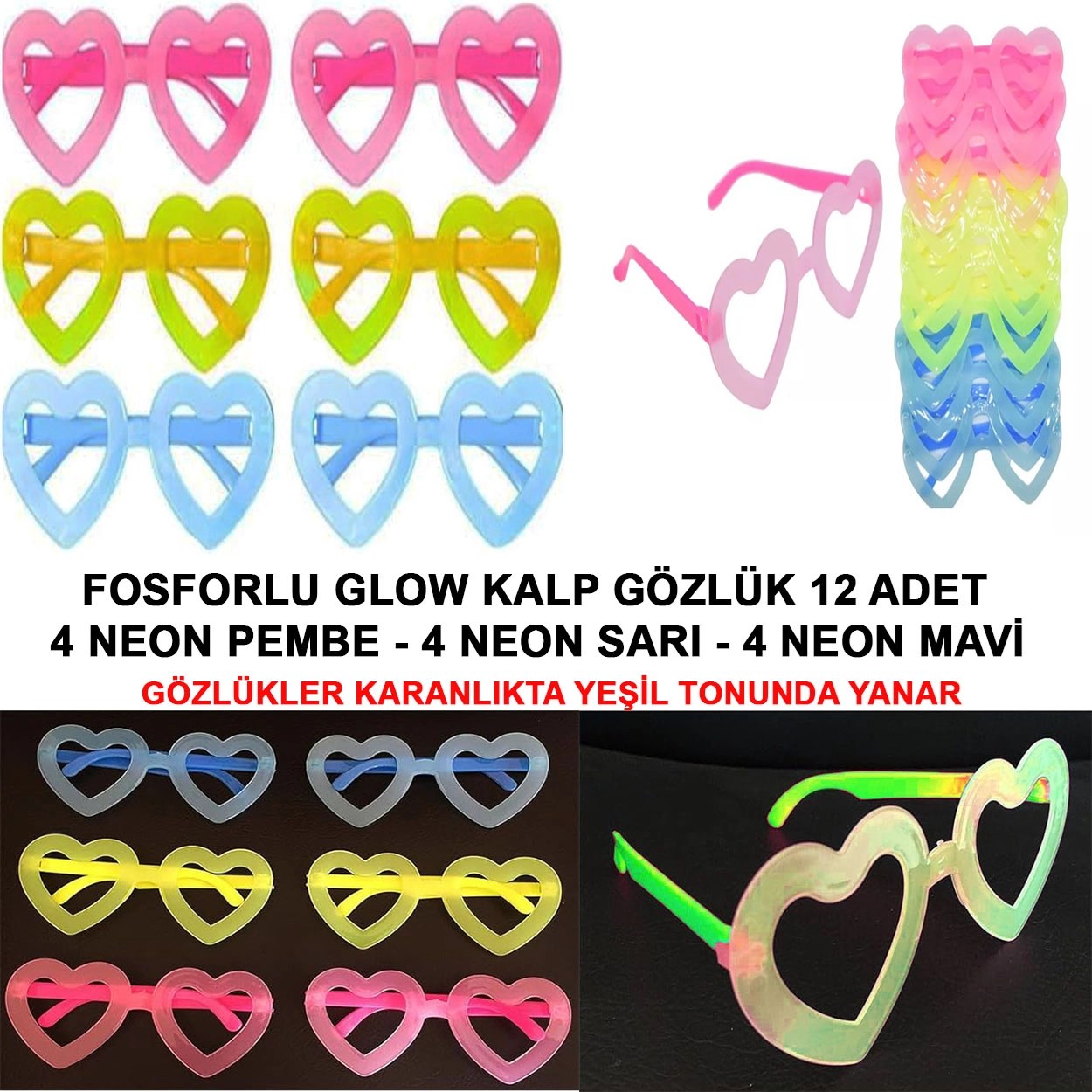 Mey İthalat® Retro Neon Fosforlu Kalp Gözlük 12 Adet – 80’ler 90’lar Parti Stili