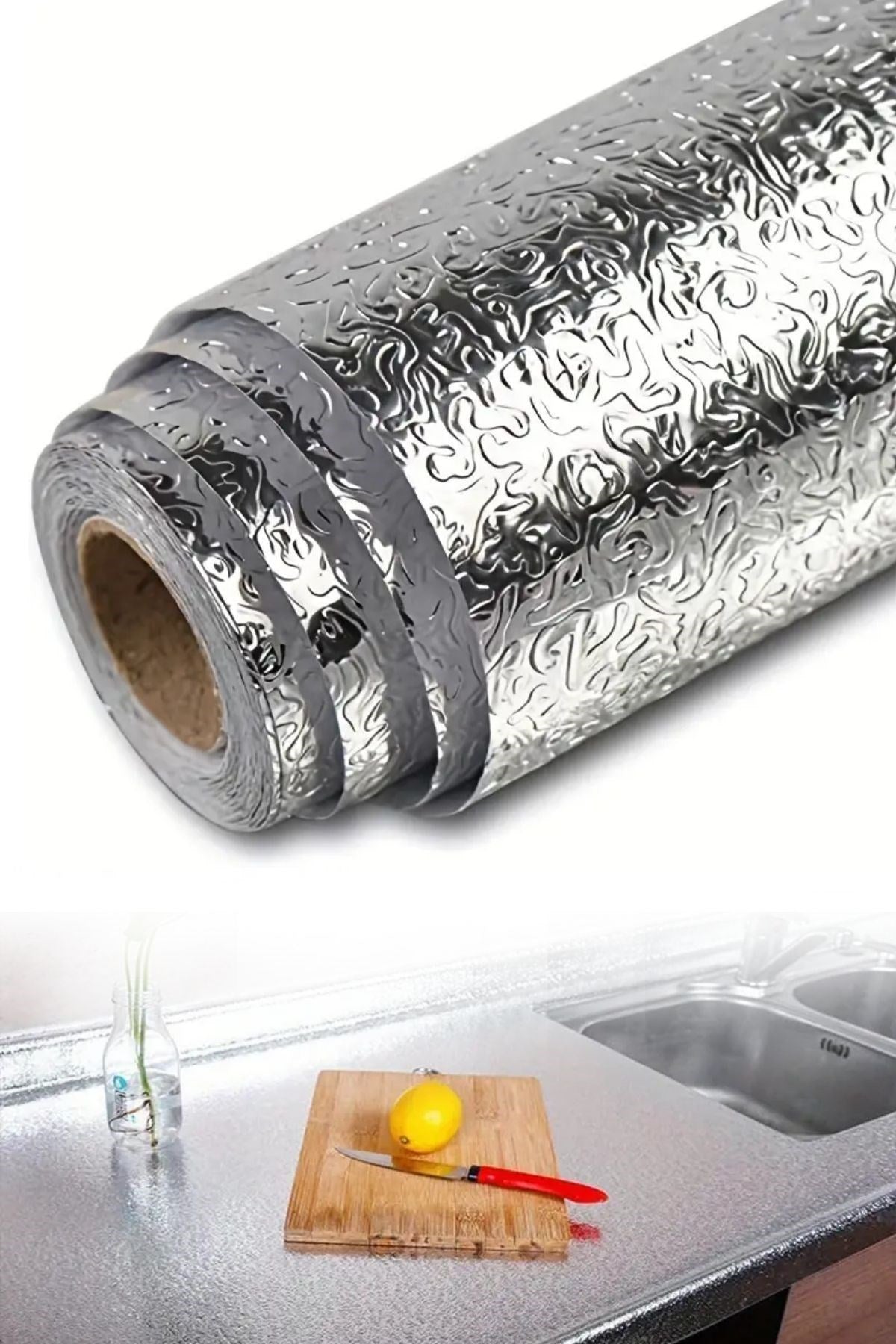 Rulo Gümüş Alüminyum Folyo Duvar Kağıdı, Kendinden Yapışkanlı Raf İçi, Su Geçirmez Folyo 2 mt x 60 cm