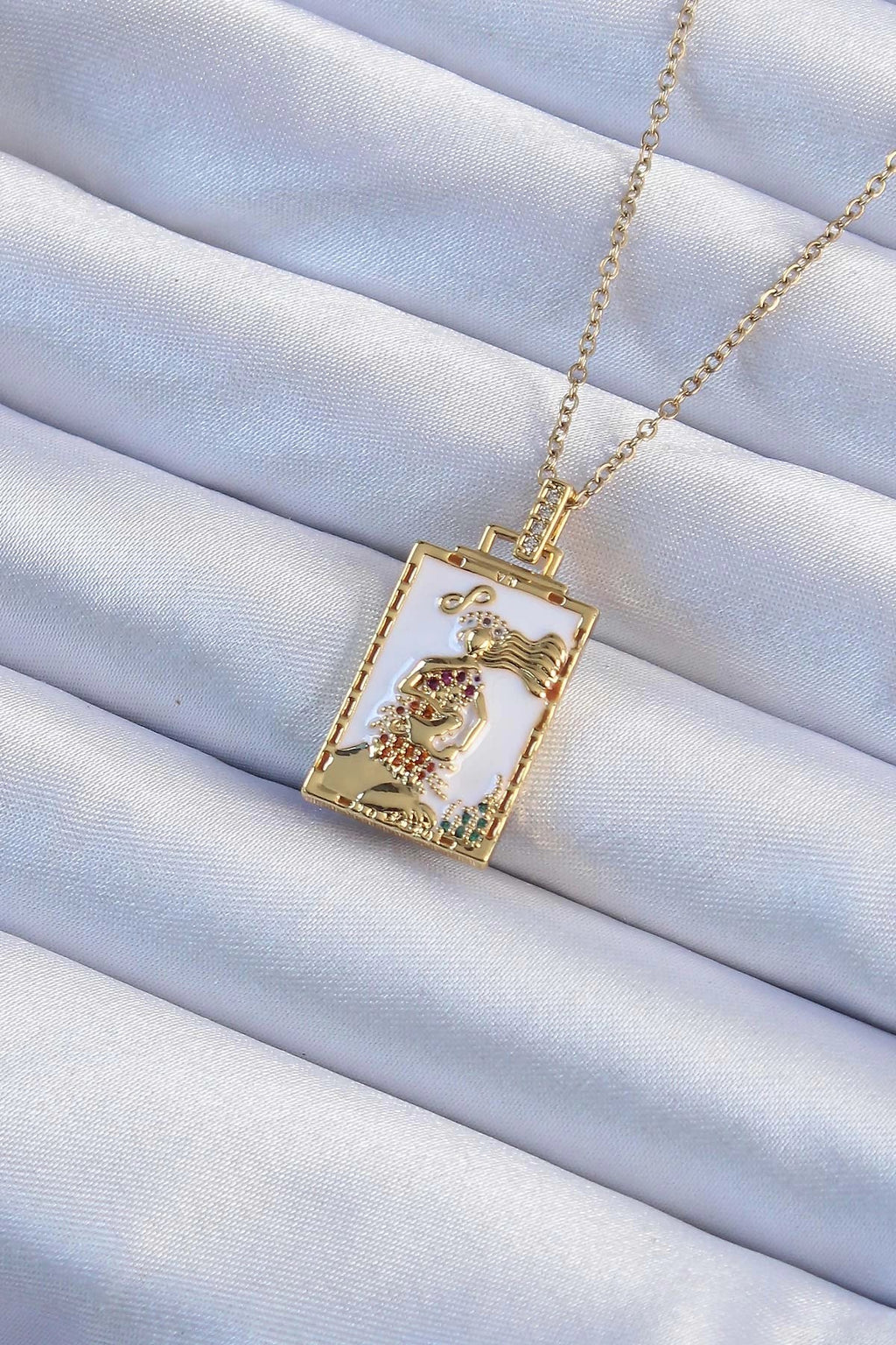 Mey İthalat® 316L Çelik Zincir Altın Renk Beyaz Mineli Tarot Kolye