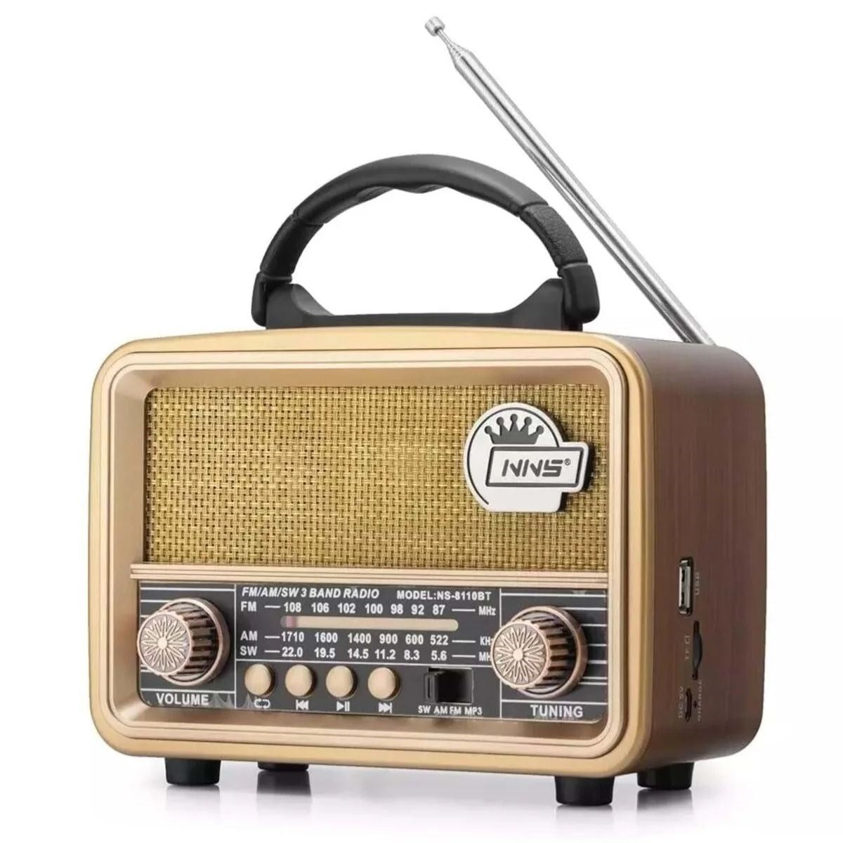 Orta Boy Retro, Nostaljik, Ahşap Tasarım Bluetooth Hoparlörlü, Şarjlı, Taşınabilir FM/AM Destekli Radyo NS-8110