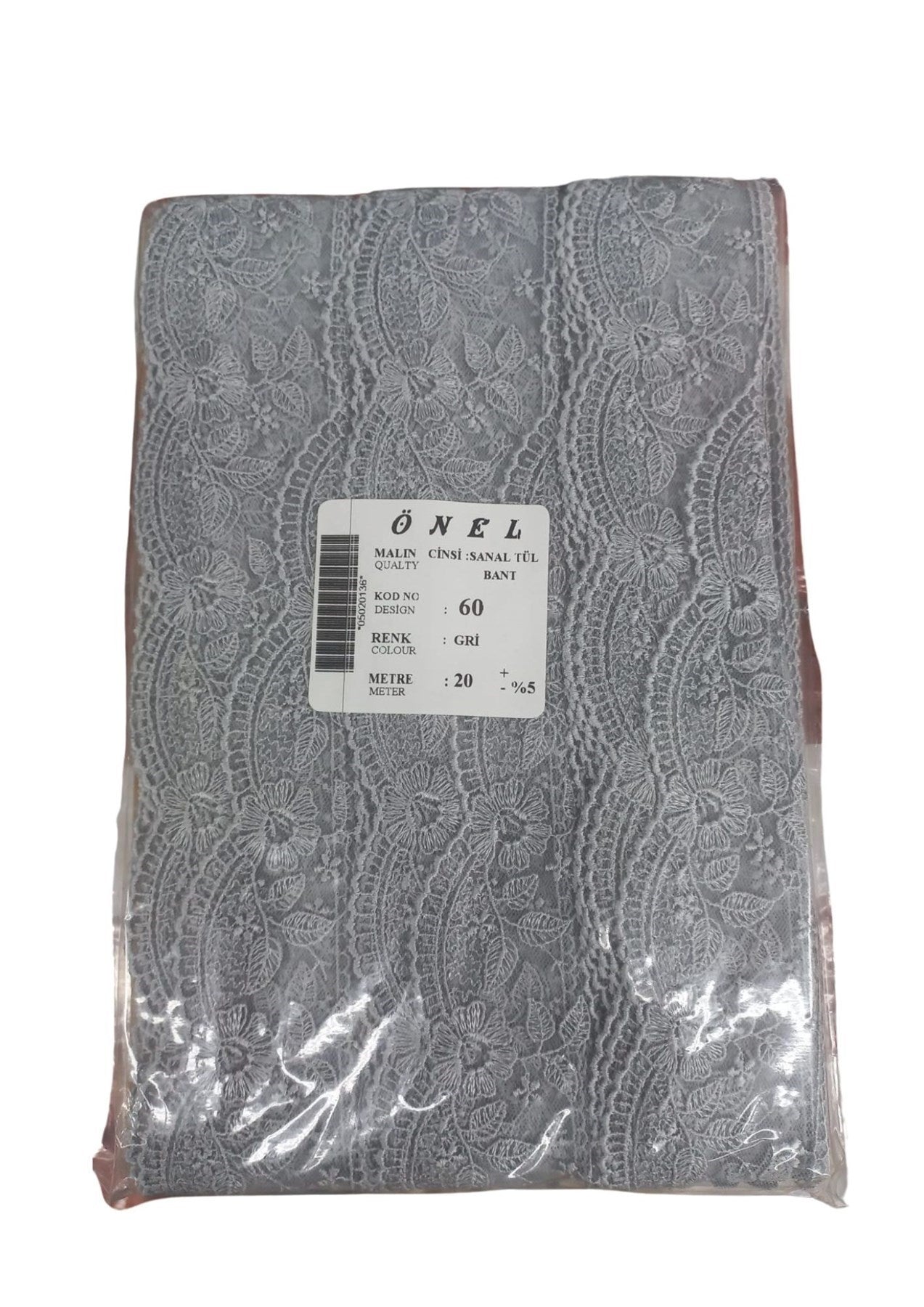 Dantel Polyester Sanal Tül Bant Gri 20 Metre En 6 Cm On-60-g