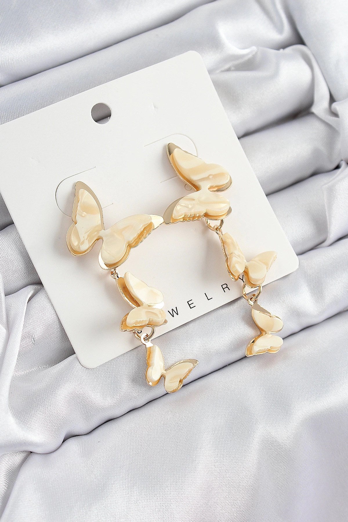 Mey İthalat® Pirinç Sedef Sallantılı Mermer Desenli Kelebek Model Gold Renk Vintage Kadın Küpe