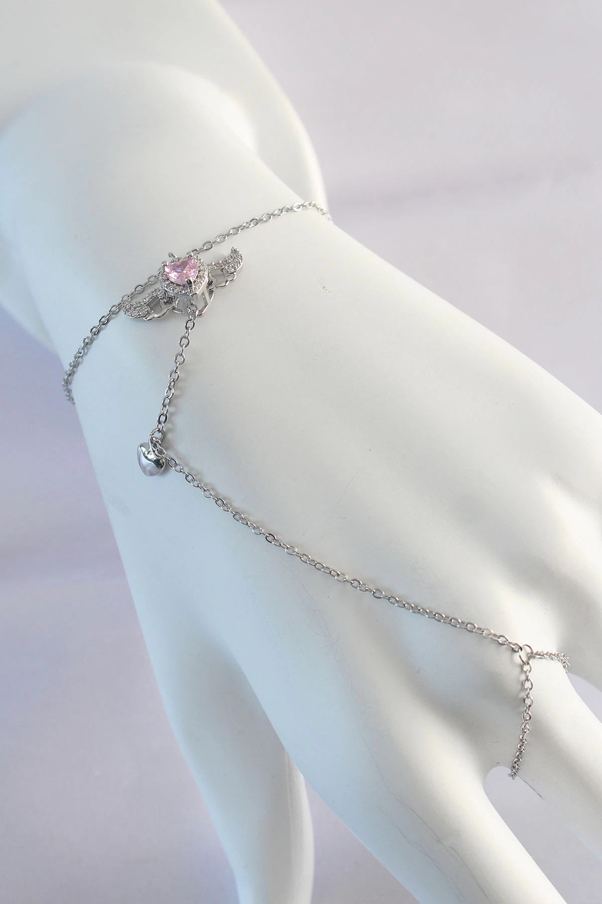 Mey İthalat® 316L Çelik Gümüş Renk Pembe Zirkon Taşlı Kanatlı Kalp Model Şahmeran