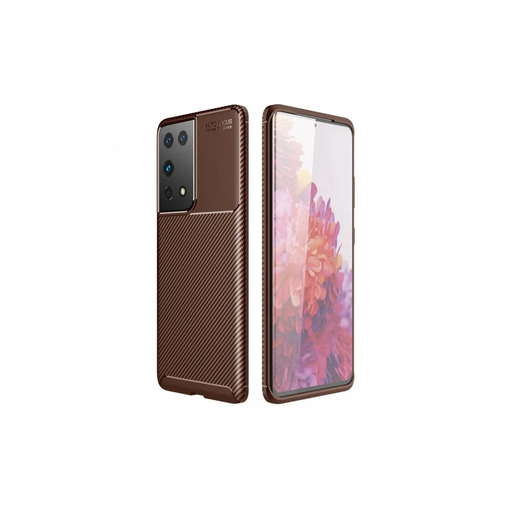 Mey İthalat® Samsung Galaxy S21 Ultra Kılıf Auto Focus Karbon Kapak - Kahverengi