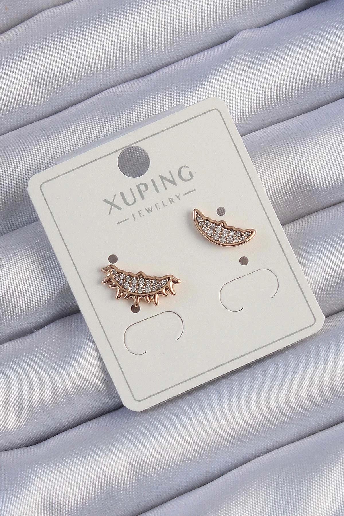 Mey İthalat® Xuping Rose Renk Zirkon Taşlı Ay ve Güneş Tasarımlı Küpe