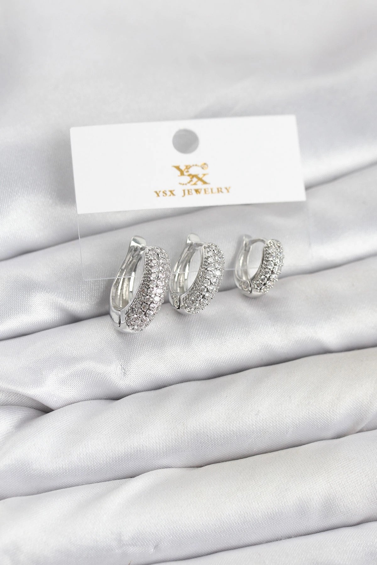 Mey İthalat® Pirinç Gümüş Renk Zirkon Taşlı Halka Model YSX Trio Küpe Seti