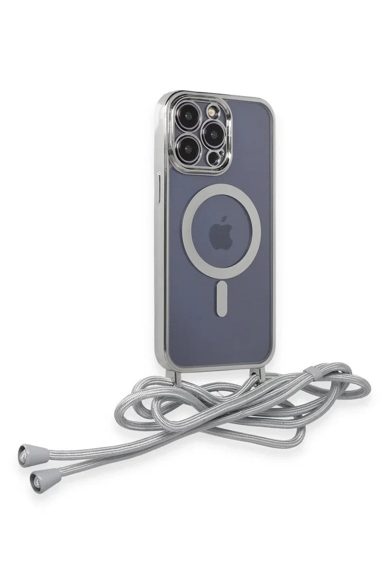 Mey İthalat® iPhone 14 Pro Kılıf Divo Lazer Askılı Magsafe Kapak - Gümüş