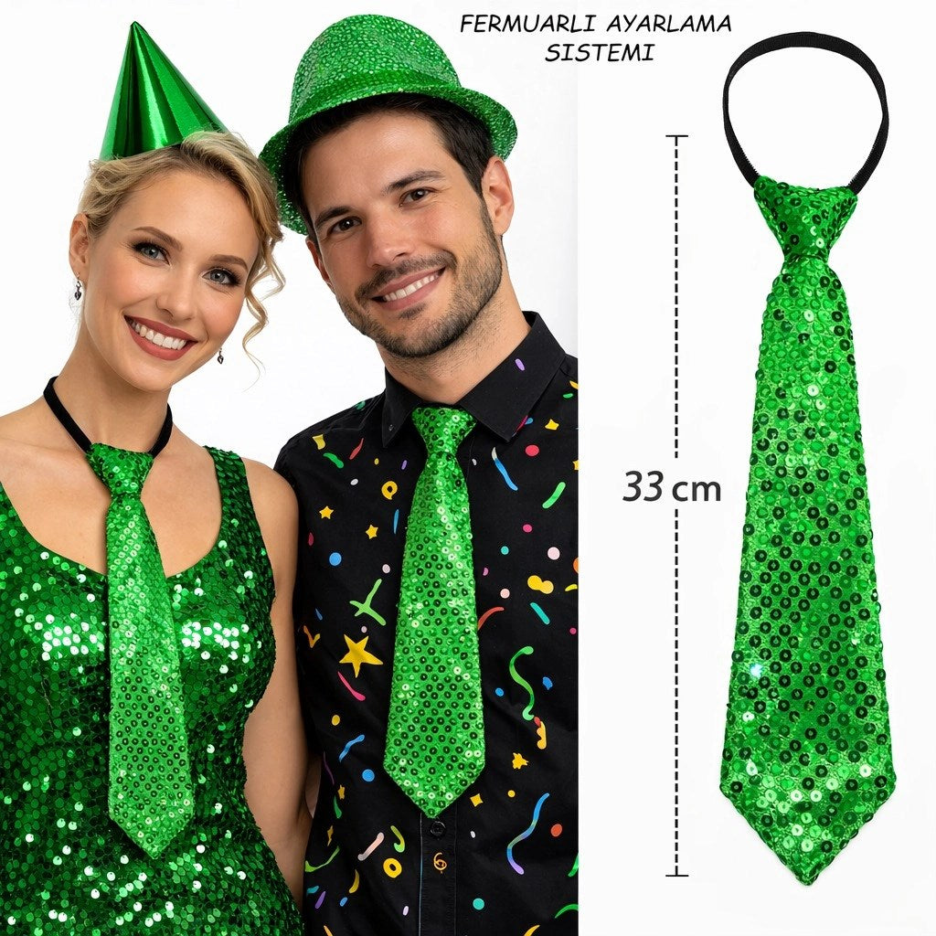 Mey İthalat® Yeşil Renk Pul Payetli Işıltılı Parti Kravatı 33 cm