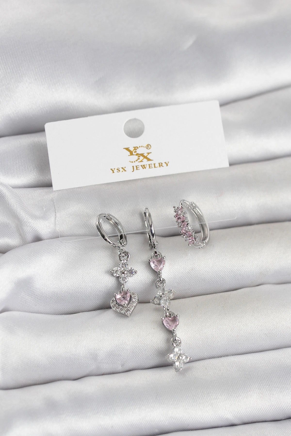 Mey İthalat® Pirinç Gümüş Renk Pembe Zirkon Taşlı 3'lü Kadın Küpe