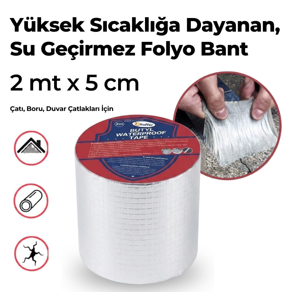 2 Mt Yüksek Sıcaklık Dayanan Su Geçirmez Çatı Duvar Çatlak Onarıcı Yapışkan Bant Folyo 2 Mt 10 C