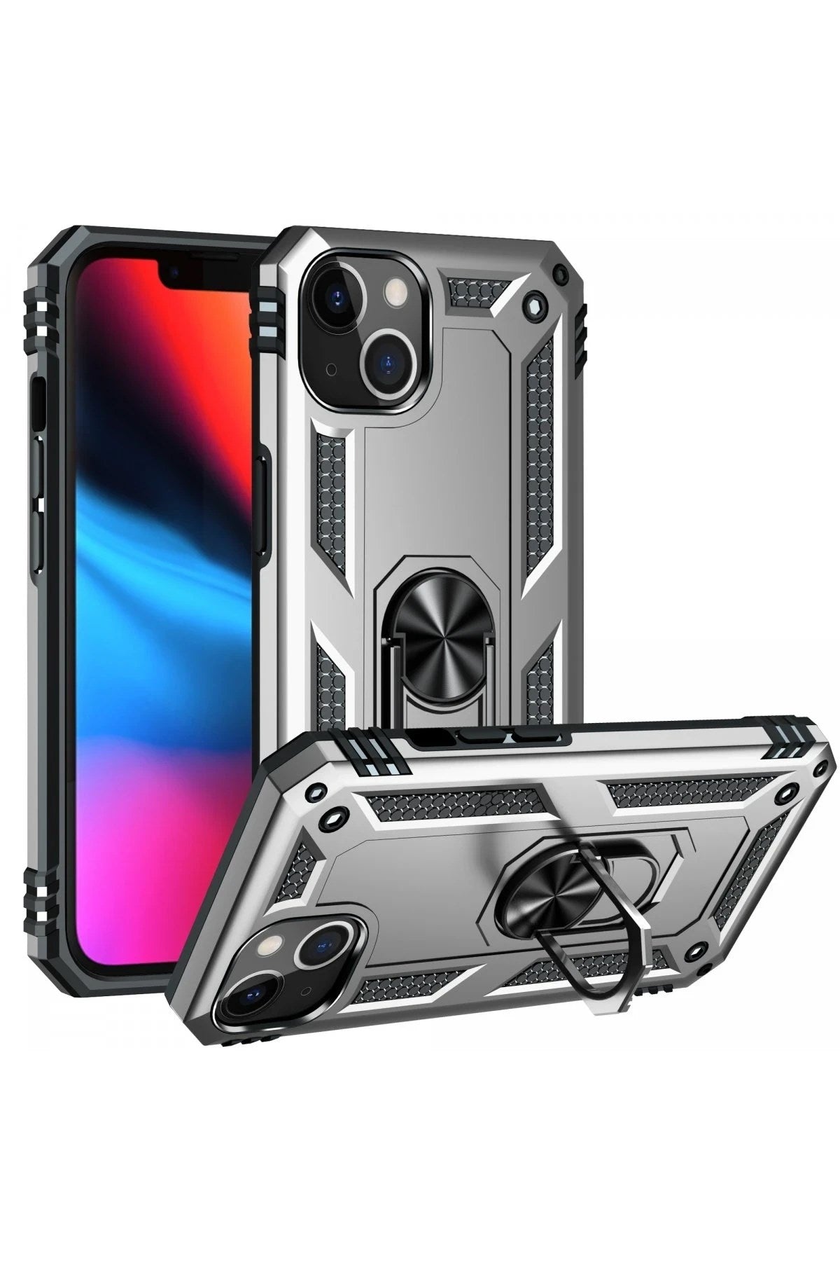 Mey İthalat® iPhone 14 Plus Kılıf Sofya Yüzüklü Silikon Kapak - Gümüş
