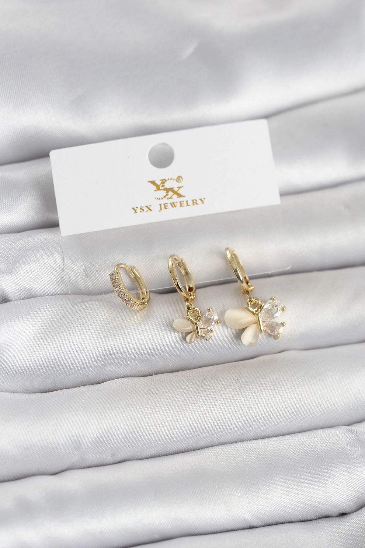 Mey İthalat® Pirinç Gold Renk Kelebek Model 3'lü Kadın Küpe