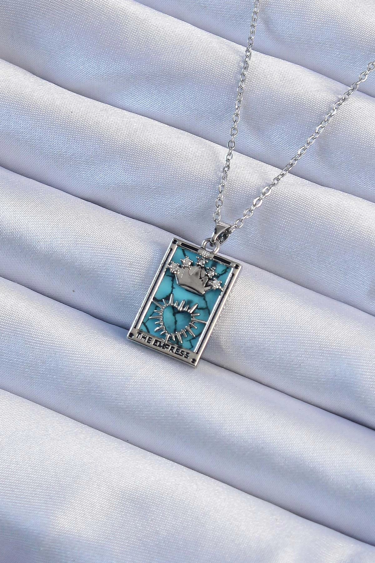 Mey İthalat® 316L Çelik Zincir Gümüş Renk Zirkon Taşlı Mavi Mermer Desenli Taç Model Tarot Kolye