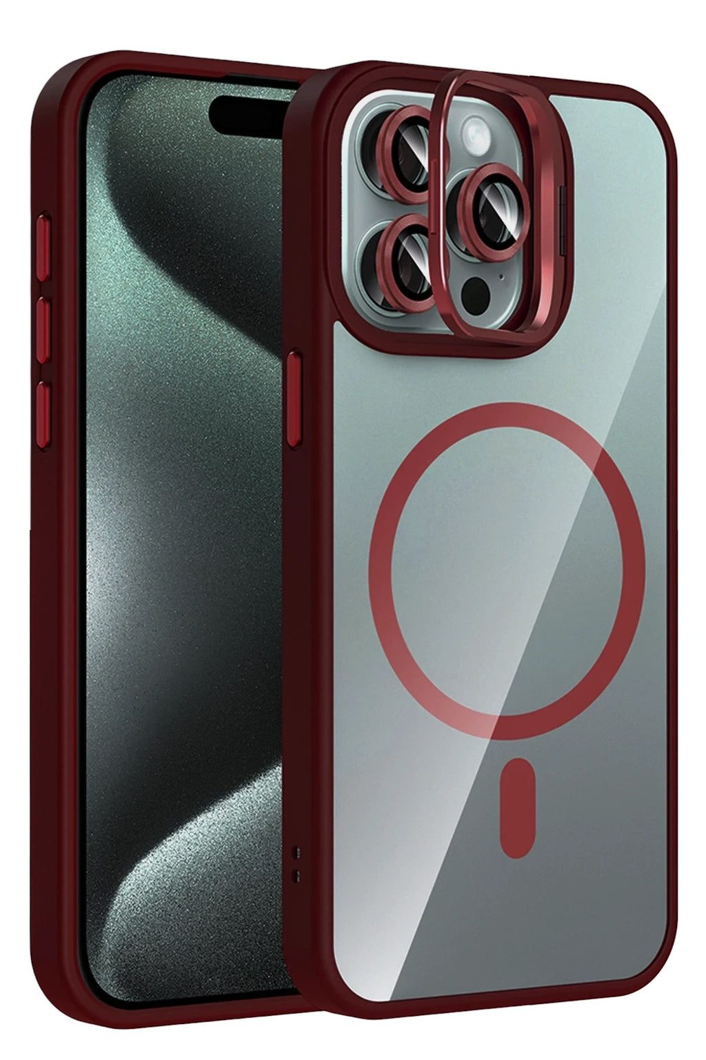 Mey İthalat® iPhone 14 Pro Max Remim Lensli Magsafe Standlı Kapak - Bordo
