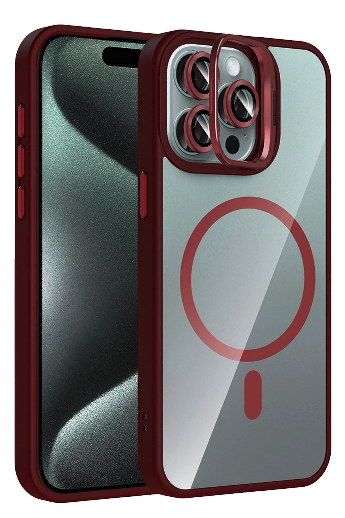 Mey İthalat® iPhone 14 Pro Max Remim Lensli Magsafe Standlı Kapak - Bordo