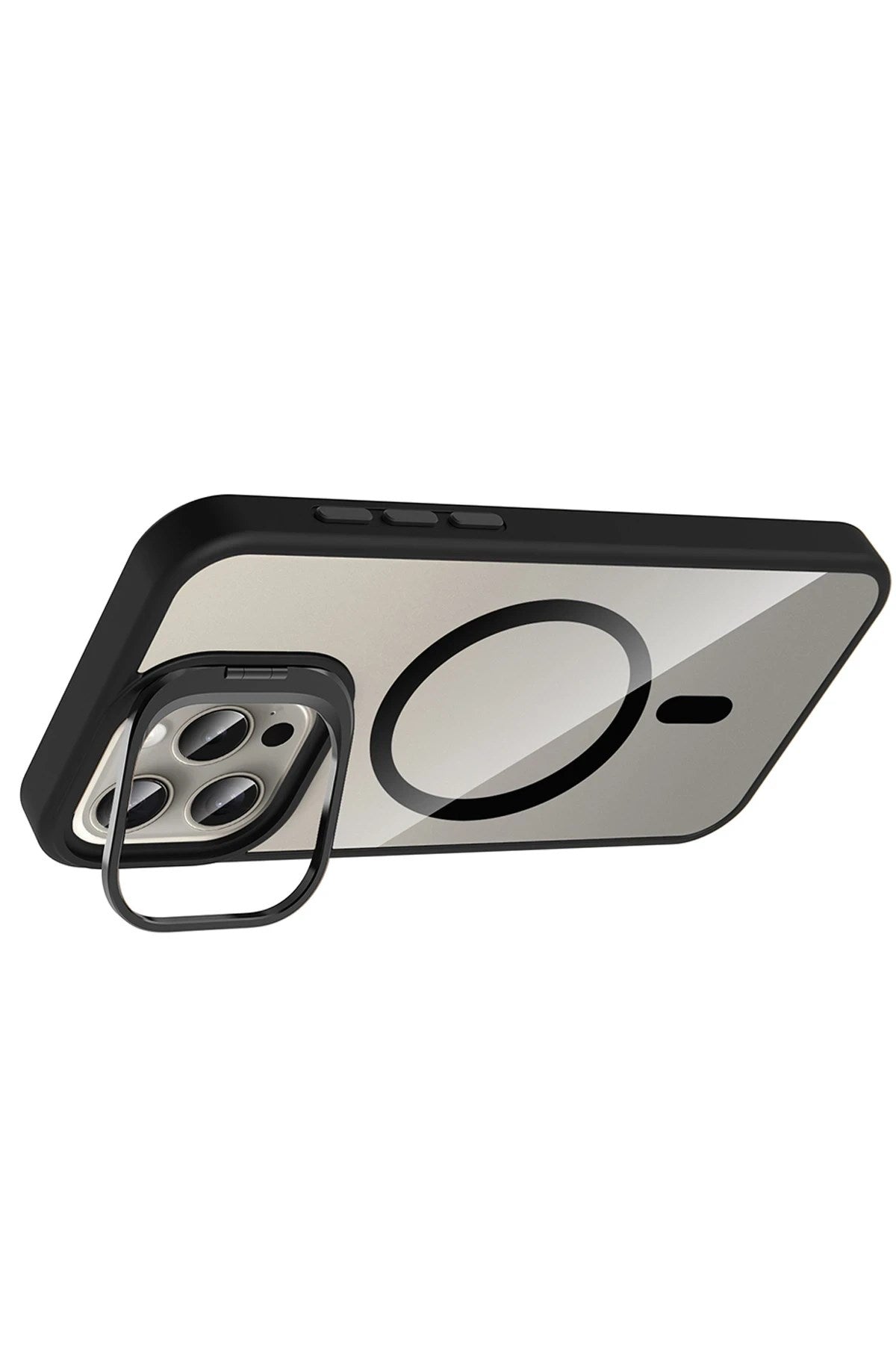 Mey İthalat® iPhone 14 Pro Max Remim Lensli Magsafe Standlı Kapak - Siyah
