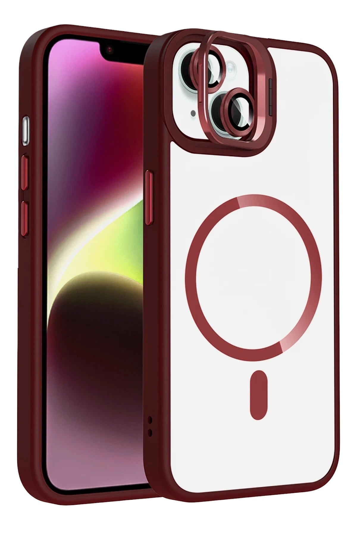 Mey İthalat® iPhone 14 Remim Lensli Magsafe Standlı Kapak - Bordo