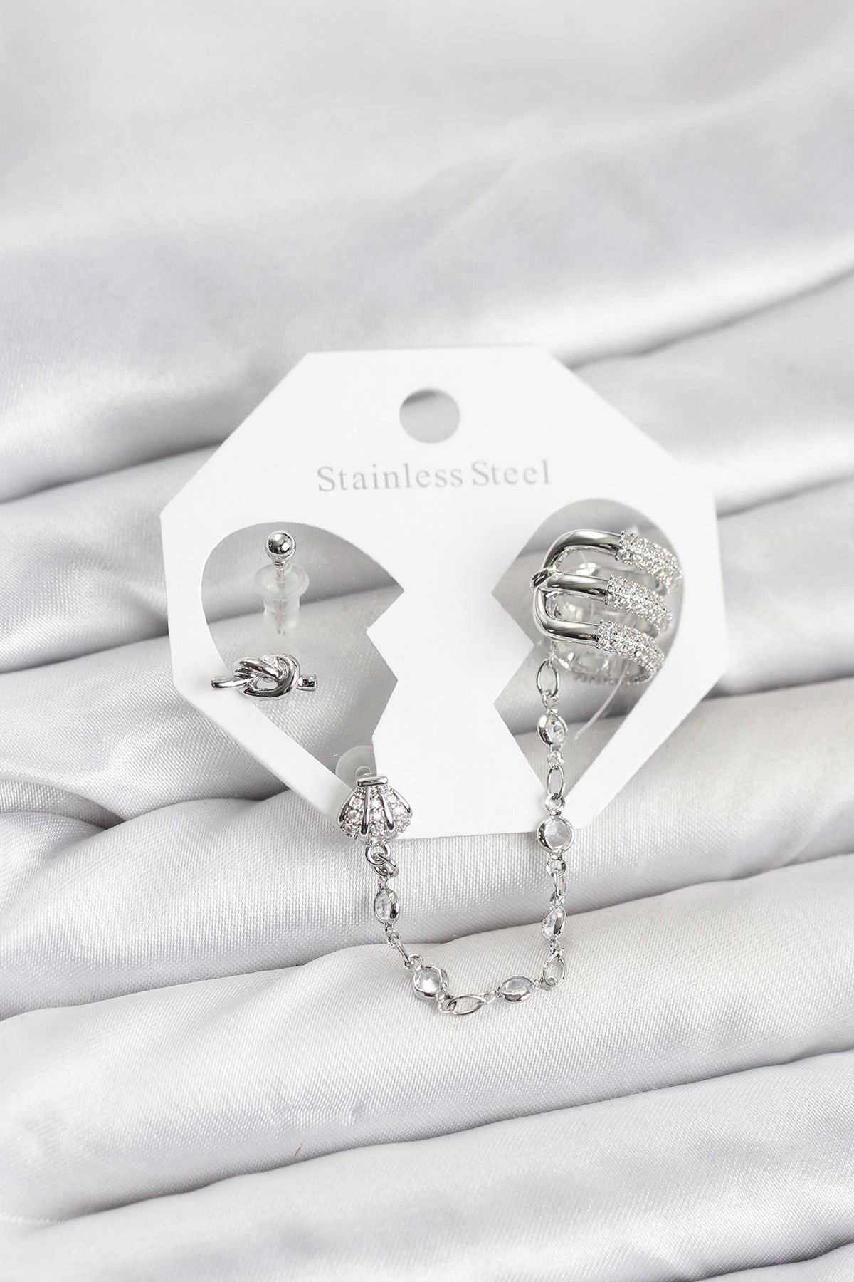 Mey İthalat® Pirinç Gümüş Renk Sarmal Model Zincir Bağlantılı Ear Cuff Küpe Seti