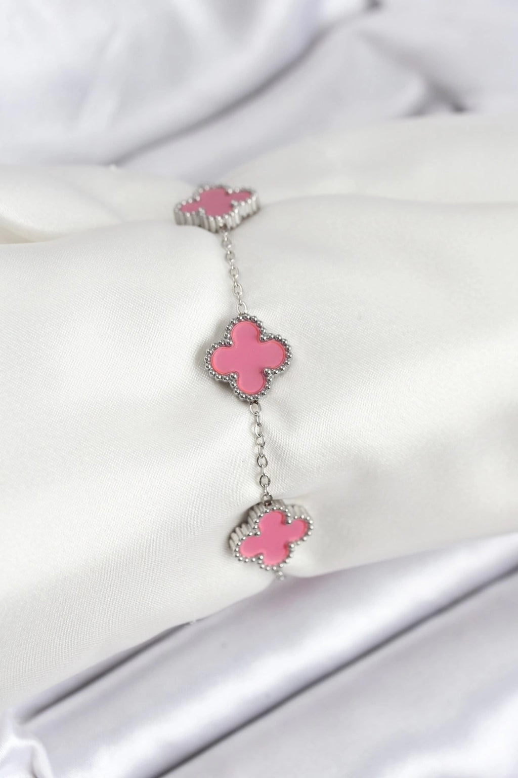 Mey İthalat® 316L Çelik Gümüş Zincir Pembe Renk Yonca Bileklik