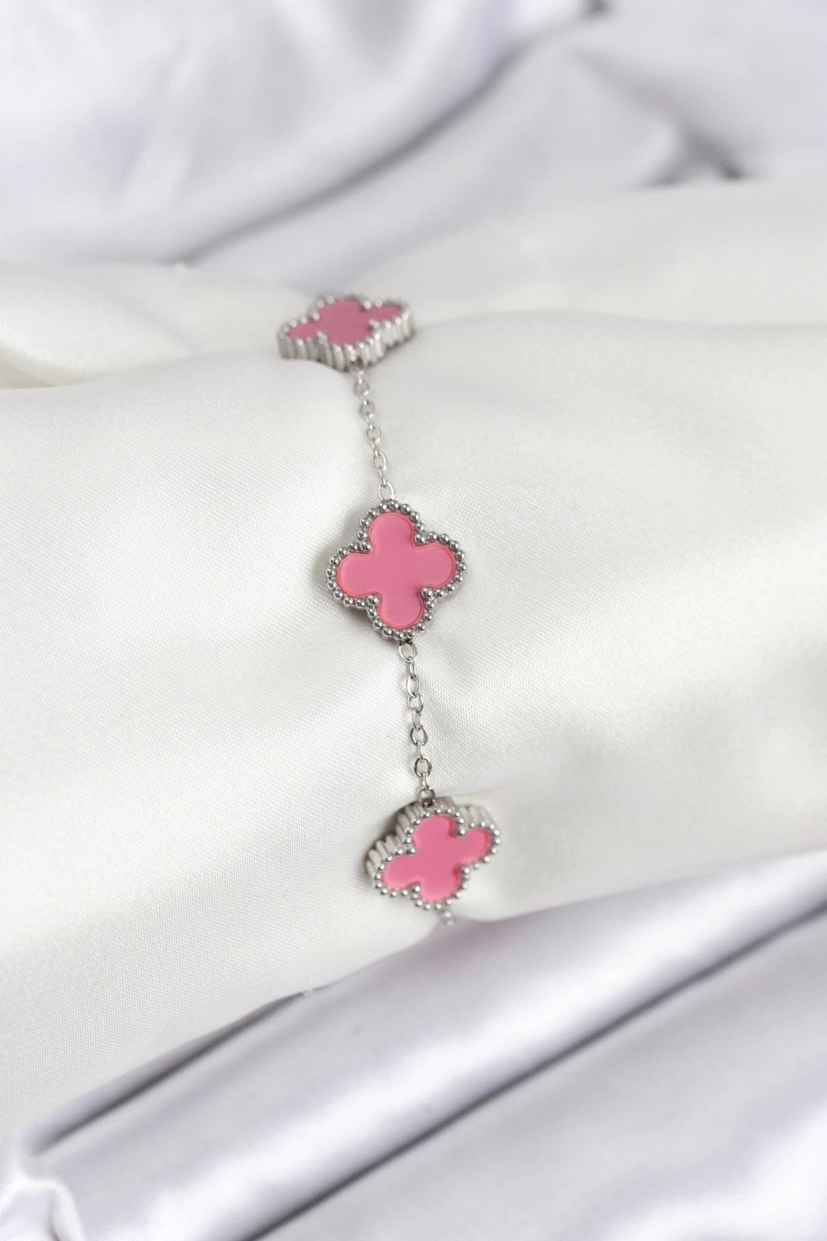 Mey İthalat® 316L Çelik Gümüş Zincir Pembe Renk Yonca Bileklik