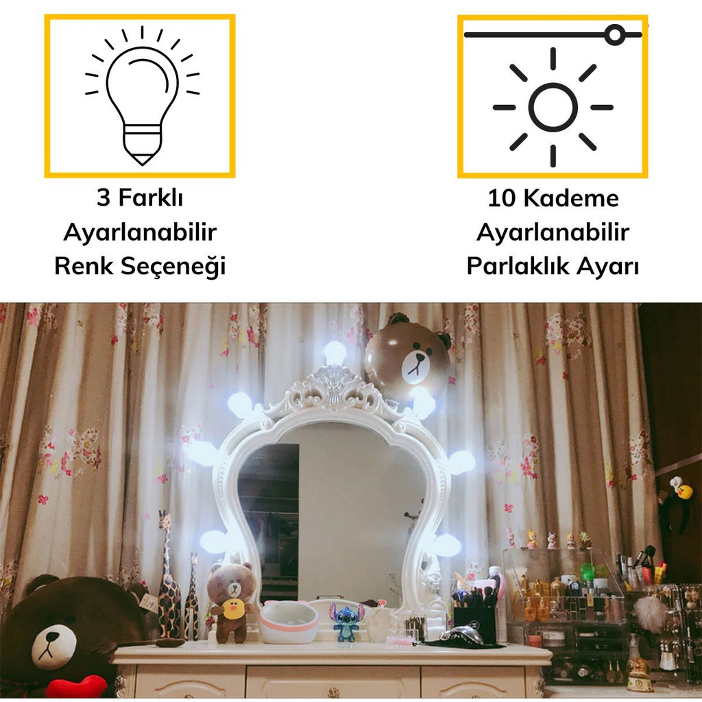Nostalji Hollywood Tarzı 10lu Makyaj Masası Aynası Beyaz Led Işıklı Lamba USB
