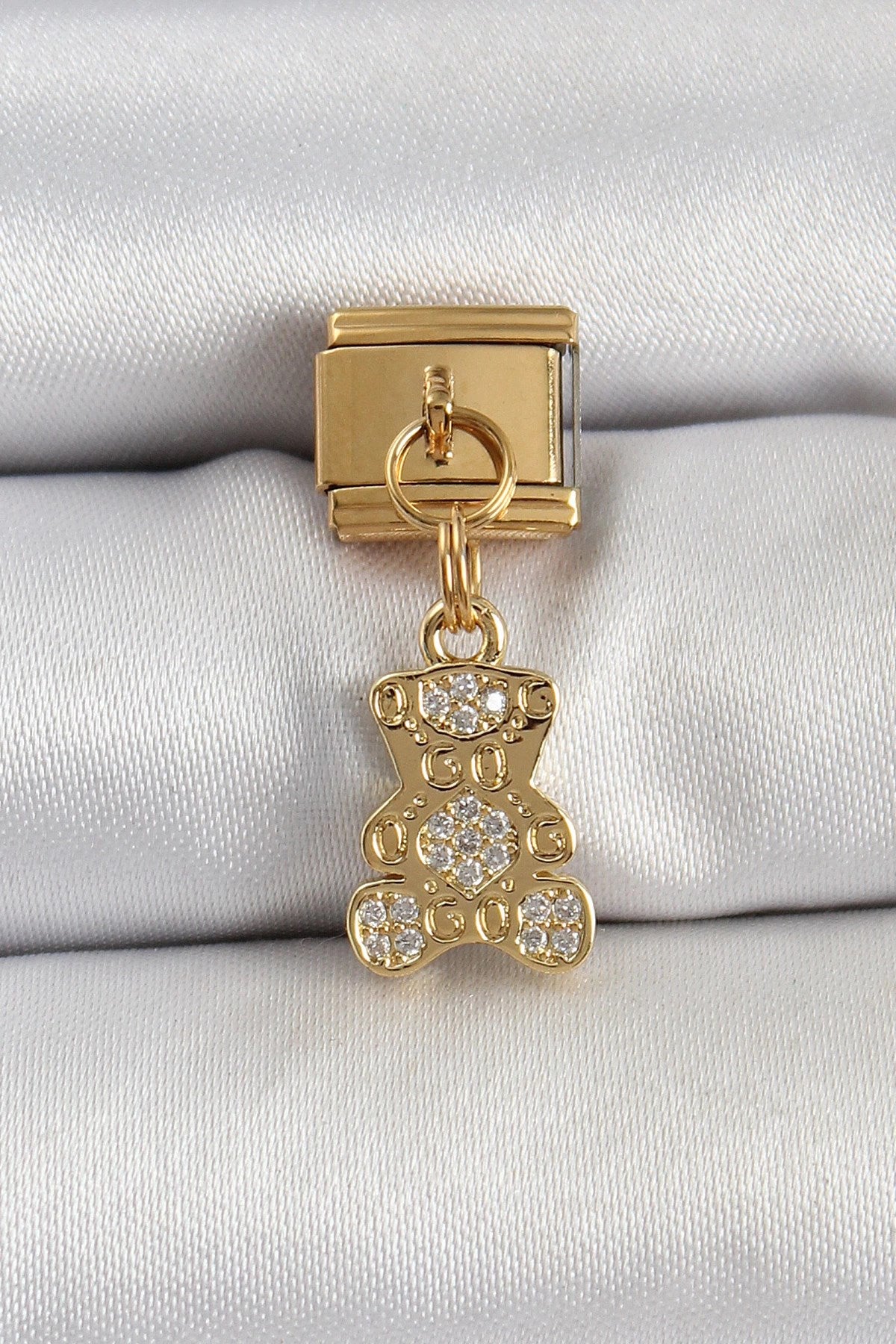 Mey İthalat® 316L Çelik Sallantılı Zirkon Taşlı Ayıcık Model Gold Renk Nomination Charm