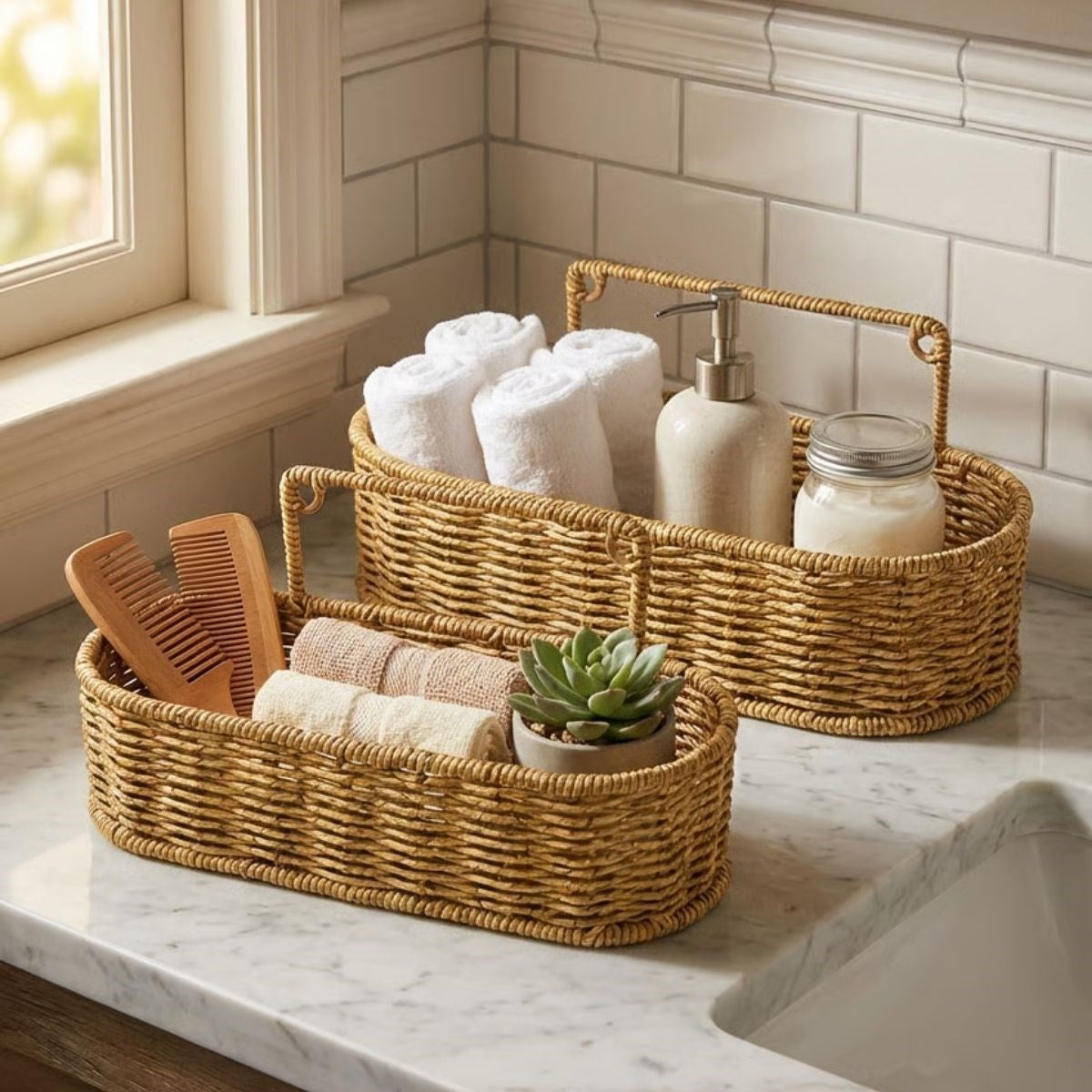 2’li Duvar Askılı Plastik Rattan Organizer – Oval Hasır Görünümlü Mutfak Raf Sepeti, Banyo ve Ev İçi Düzenleme Ünitesi