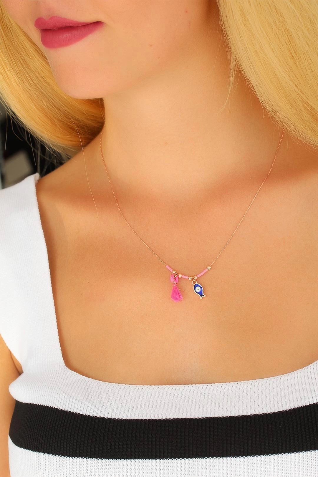 Mey İthalat® Nazar Boncuklu Pembe Renk Taşlı Rose Bayan Kolye