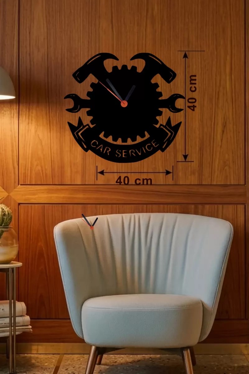 Mey İthalat® Car Service Temalı Ahşap Duvar Saati - 40x40 cm Teknik Servis Dekoru