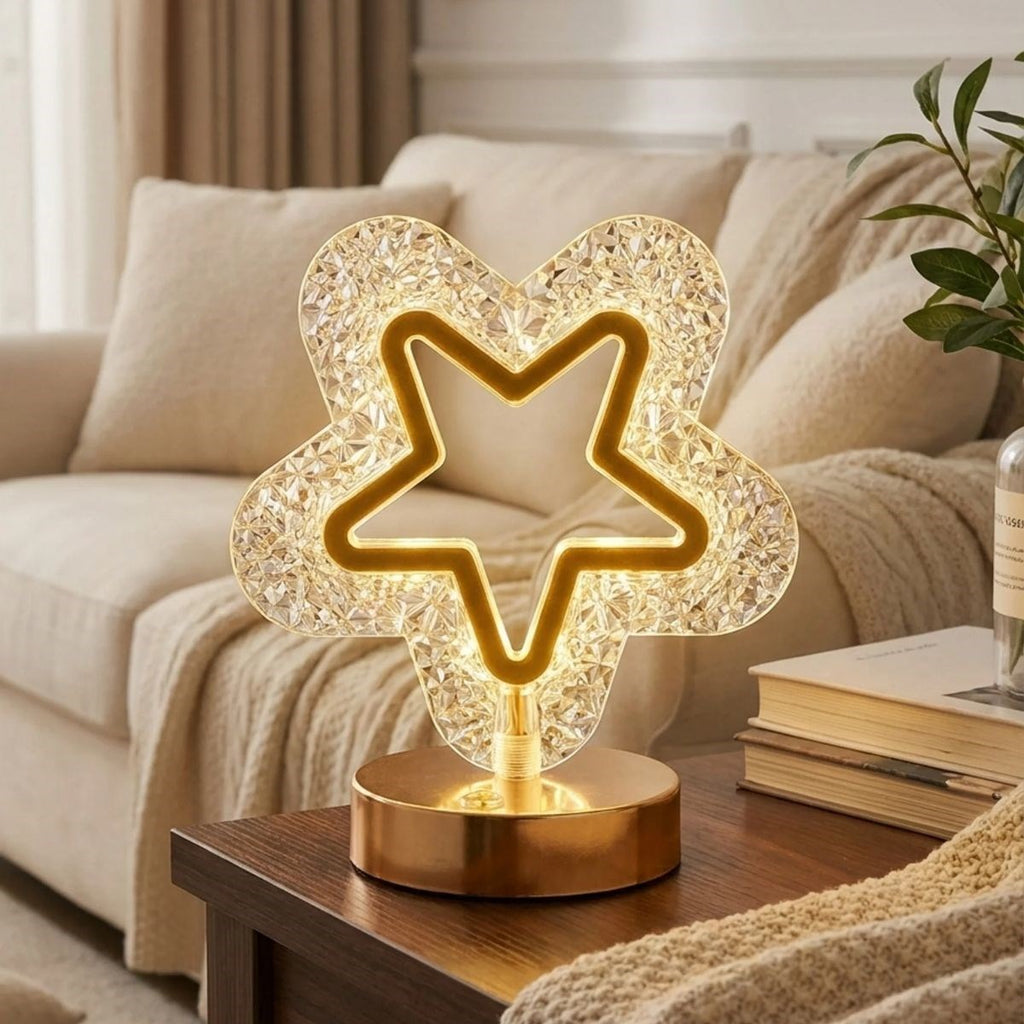 İçi Boş Yıldız Şeklinde Kristal LED Masa Lambası – Dokunmatik, 3 Renk Işık Modlu, Şarjlı Mini Dekoratif Gece Lambası