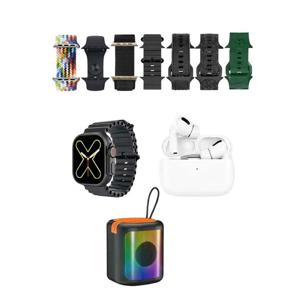 Mey İthalat® K28 Kombo 7 Adet Kordon Akıllı Saat Airpods Kulaklık Kablosuz Hoparlör Set - Siyah