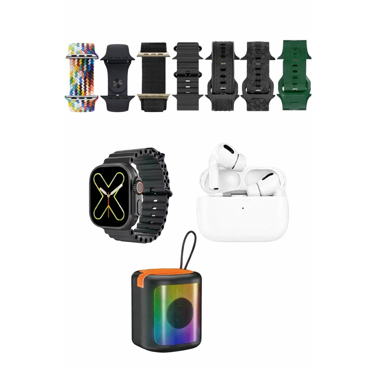 Mey İthalat® K28 Kombo 7 Adet Kordon Akıllı Saat Airpods Kulaklık Kablosuz Hoparlör Set - Siyah