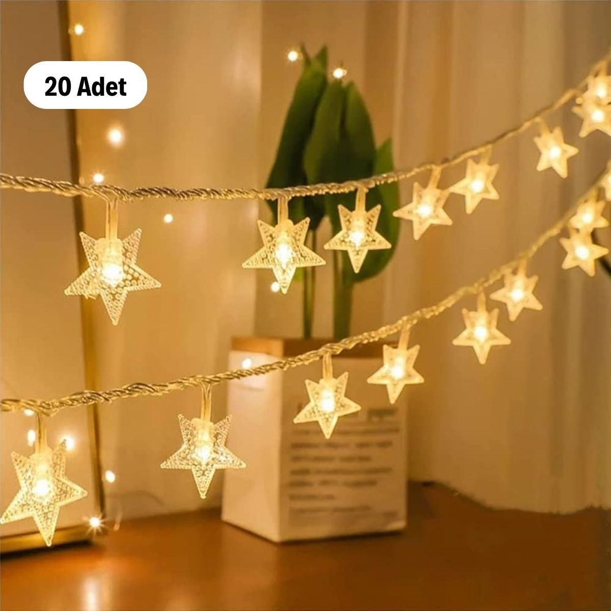 20 Adet Mini Yıldız Led 5 Metre Günışığı Rengi Dekoratif Led