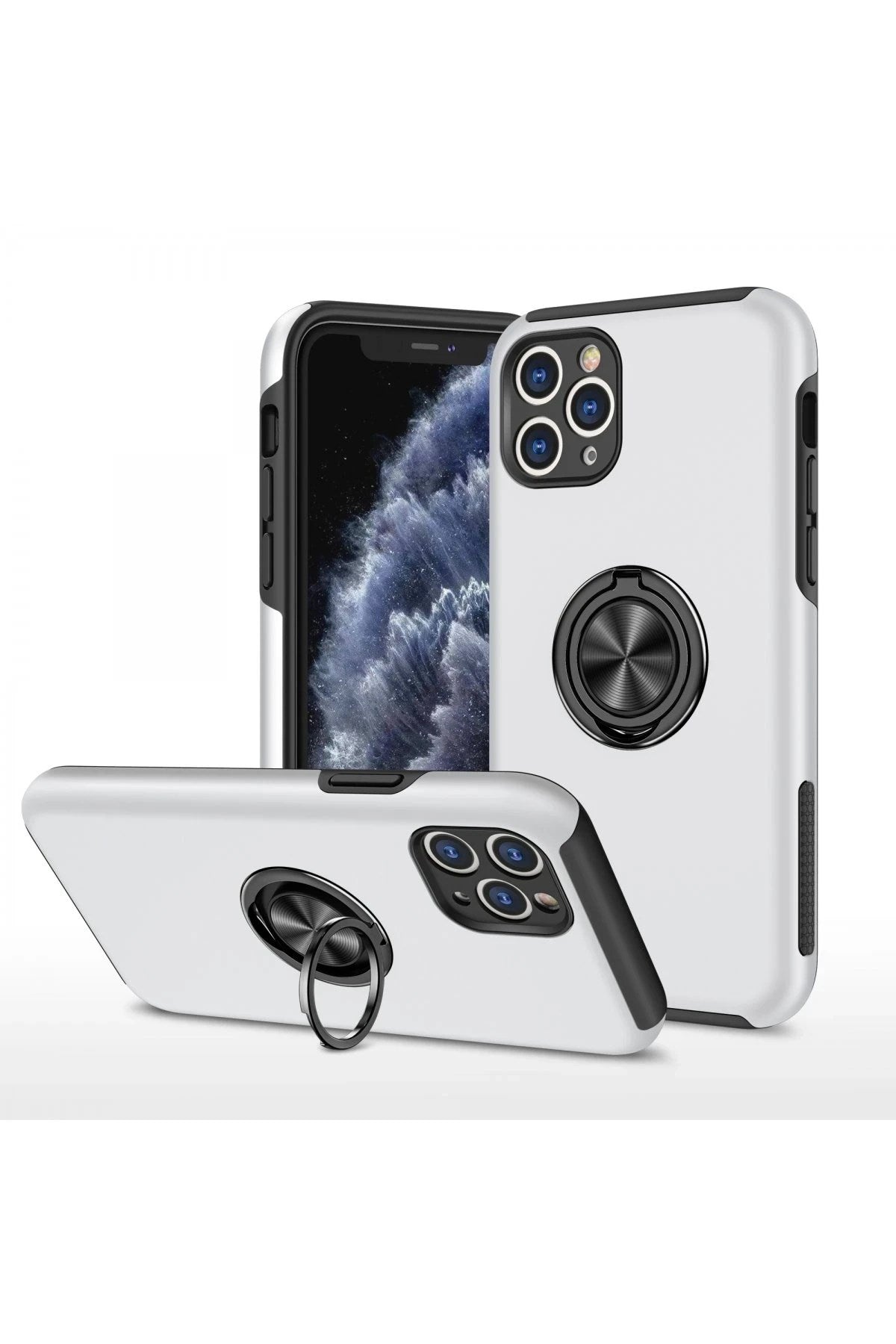 Mey İthalat® iPhone 11 Pro Max Kılıf Elit Yüzüklü Kapak - Gümüş