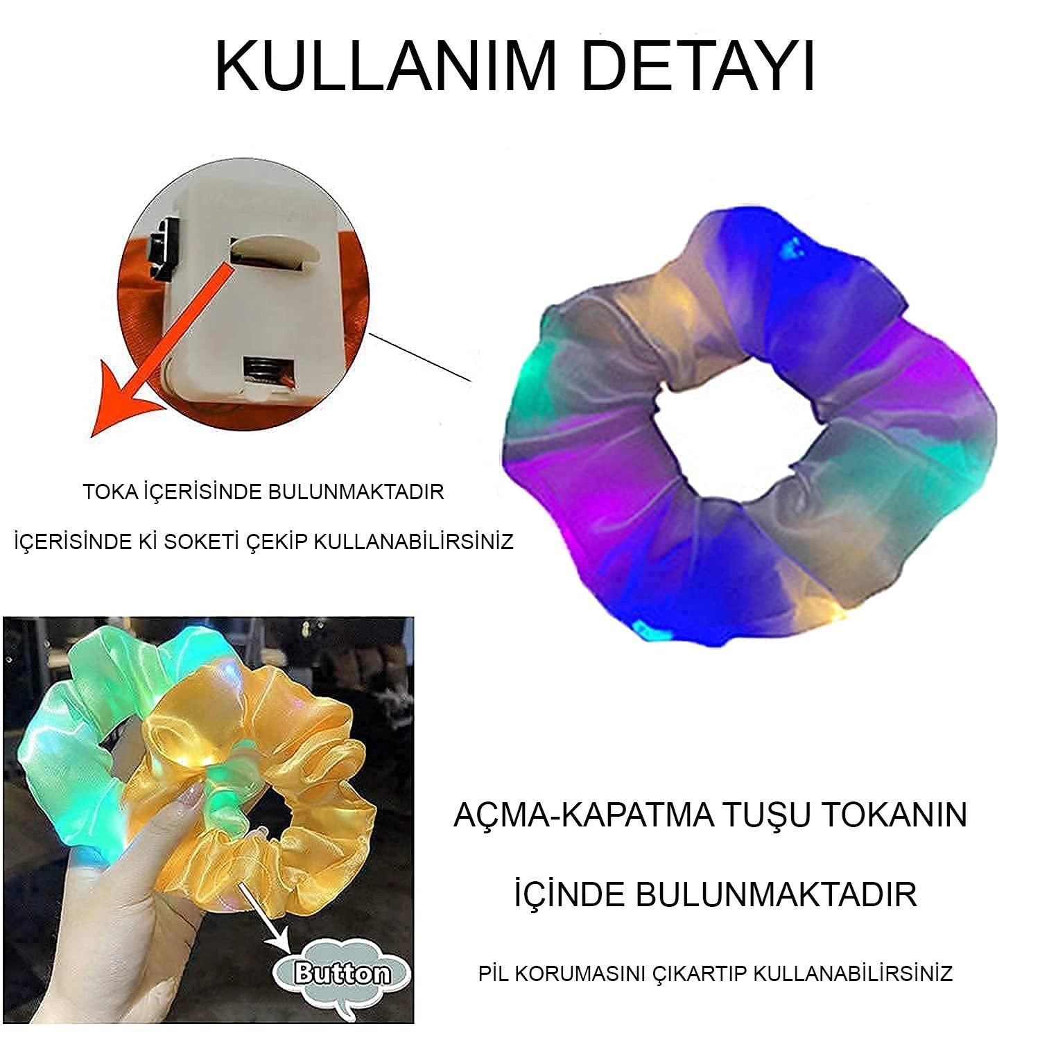 Mey İthalat® Soft Mavi Renk Led Işıklı Lastikli Saç Tokası - 3 Modlu Festival &amp; Parti Saç Tokası