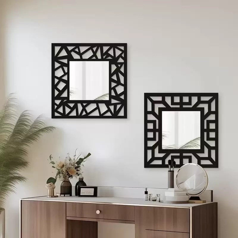 Mey İthalat® 2'li Set Kırılmaz Pleksi Dekoratif Duvar Aynası - 22.5x22.5 cm Geometrik Çerçeveli 1. Sınıf Ayna