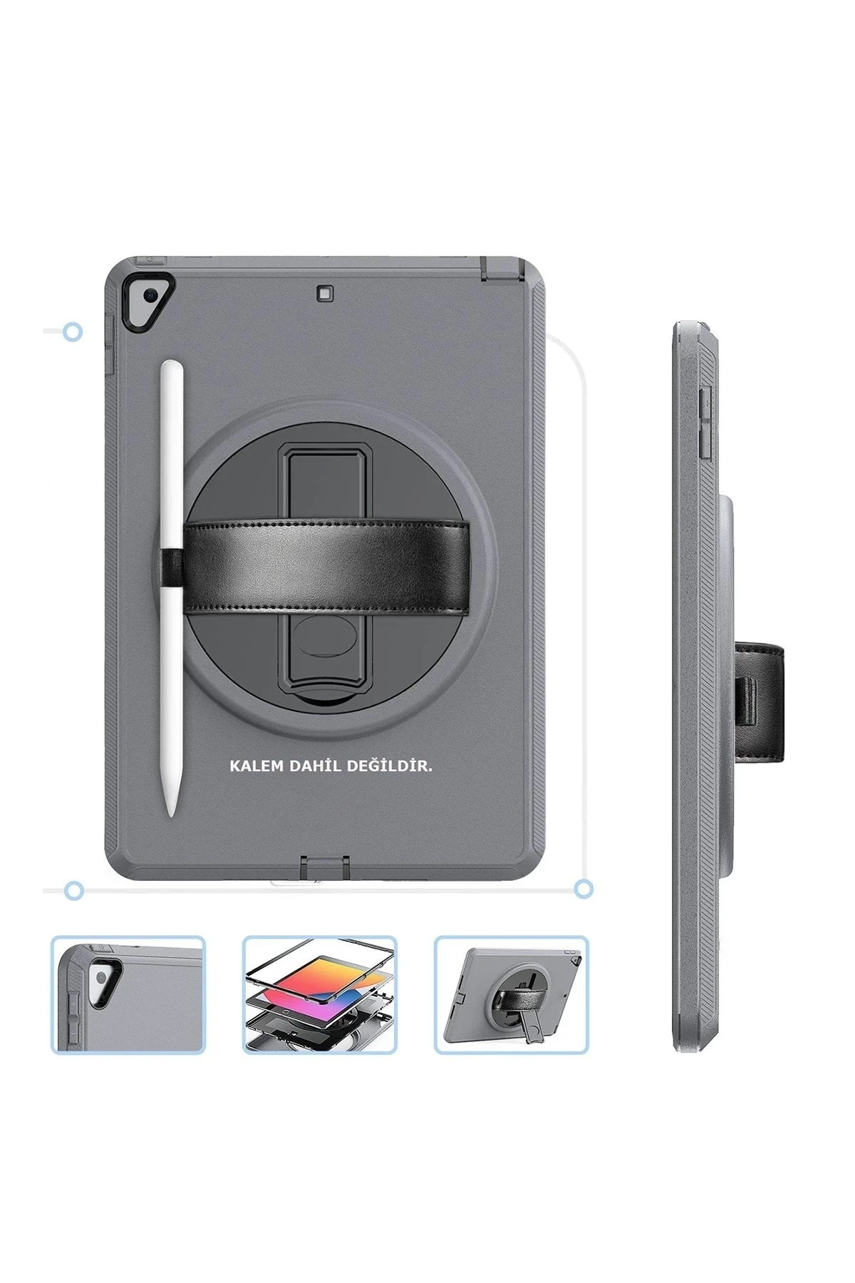 Mey İthalat® iPad 10.2 (7.nesil) Kılıf Hand Strap Tablet Kılıfı - Gri