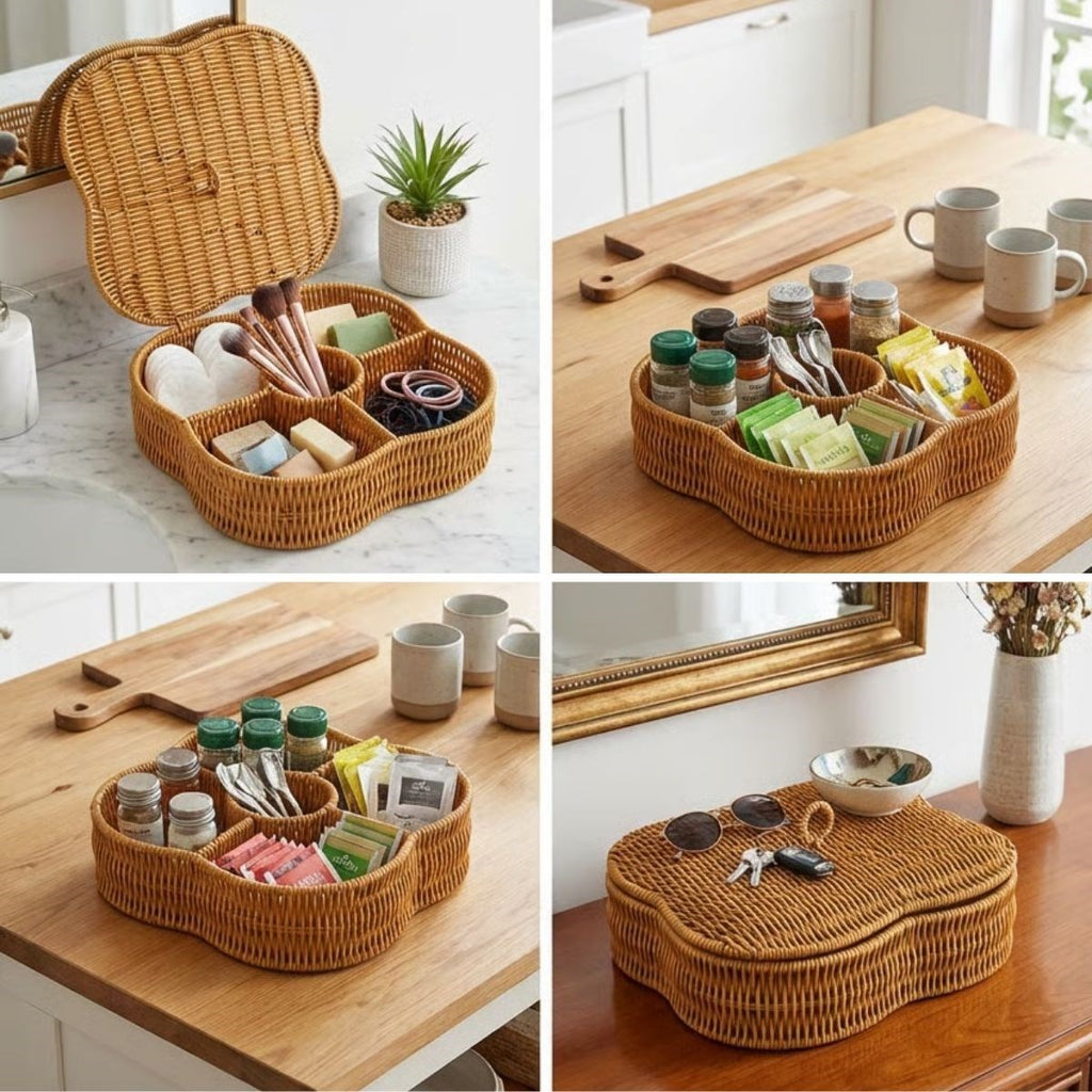Kapaklı 5 Bölmeli Plastik Rattan Organizer Kutu – Hasır Desenli Çok Amaçlı Saklama ve Sunum Sepeti Çerezlik