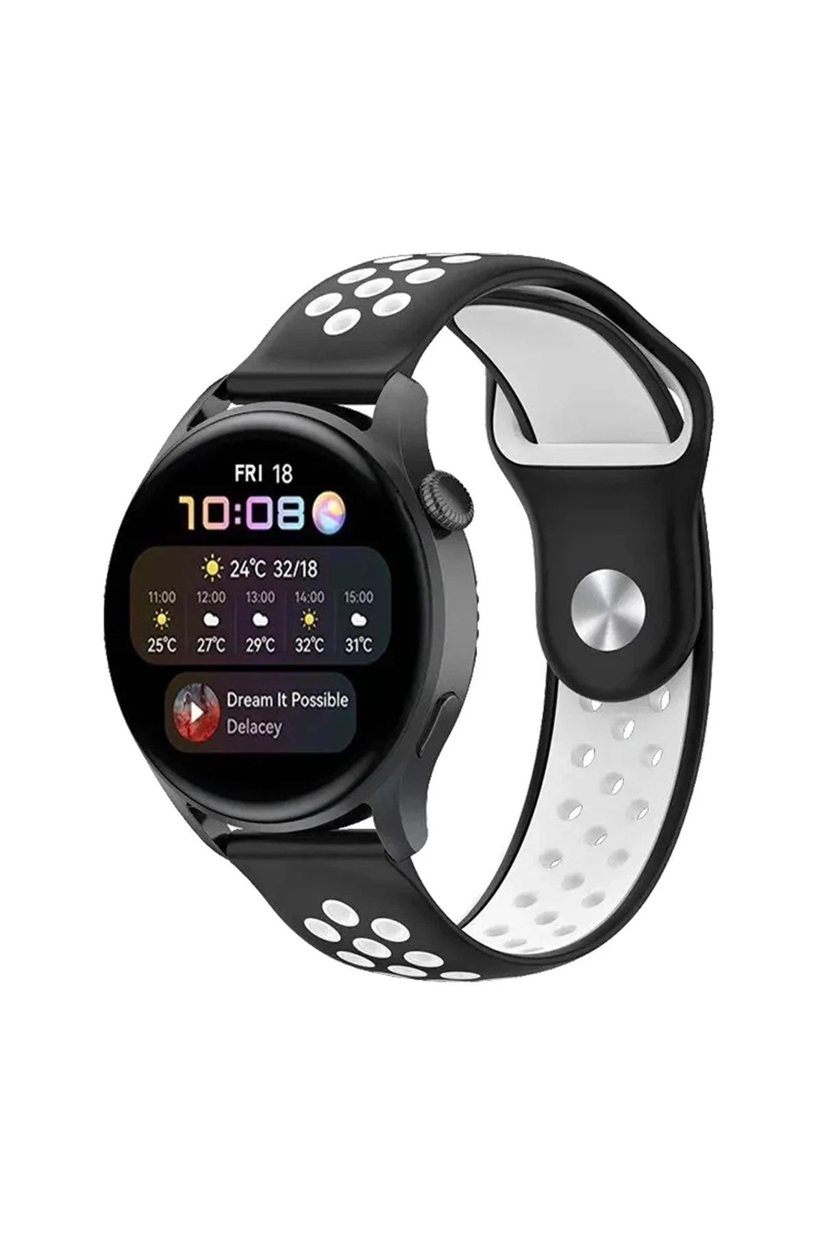 Mey İthalat® Watch 20mm Spor Delikli Kordon - Siyah-Beyaz