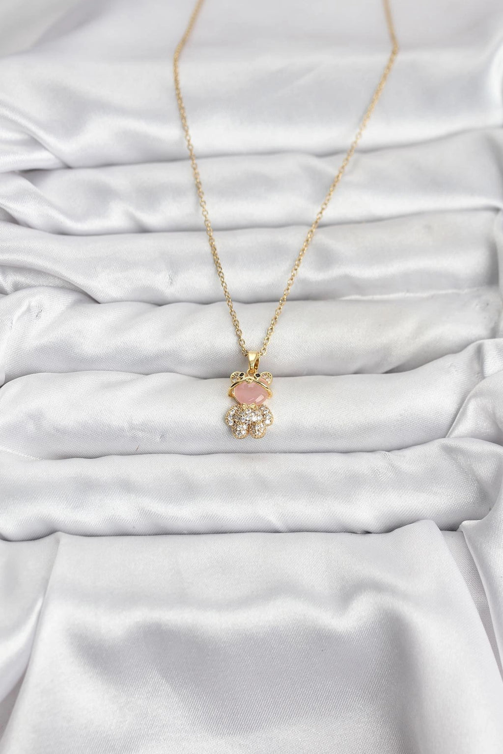Mey İthalat® 316L Çelik Zincir Gold Renk Teddy Bear Model Zirkon Taşlı Kadın Kolye