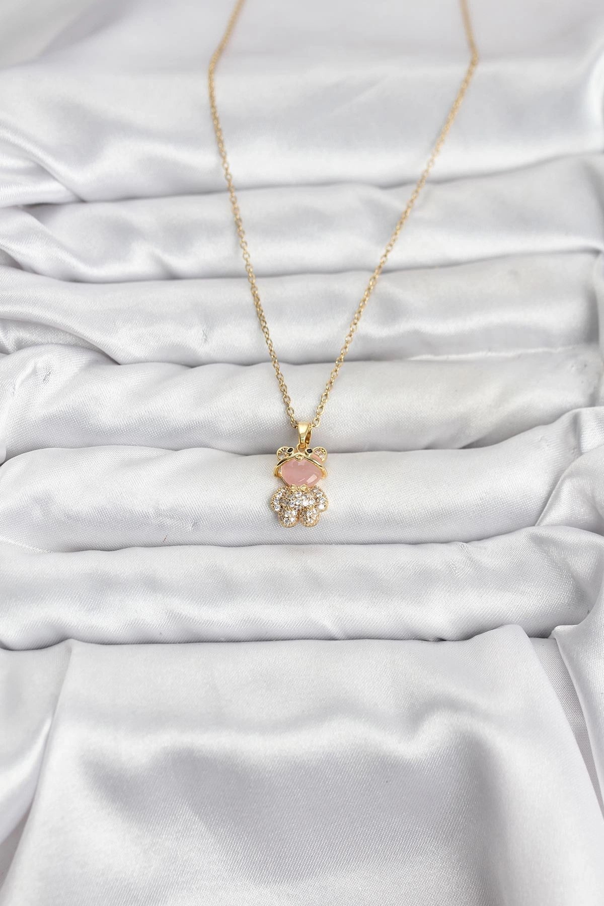 Mey İthalat® 316L Çelik Zincir Gold Renk Teddy Bear Model Zirkon Taşlı Kadın Kolye