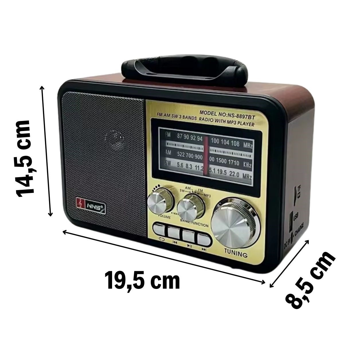 Orta Boy Retro, Nostaljik, Ahşap Tasarım Bluetooth Hoparlörlü, Şarjlı, Taşınabilir FM/AM Destekli Radyo NS-8897